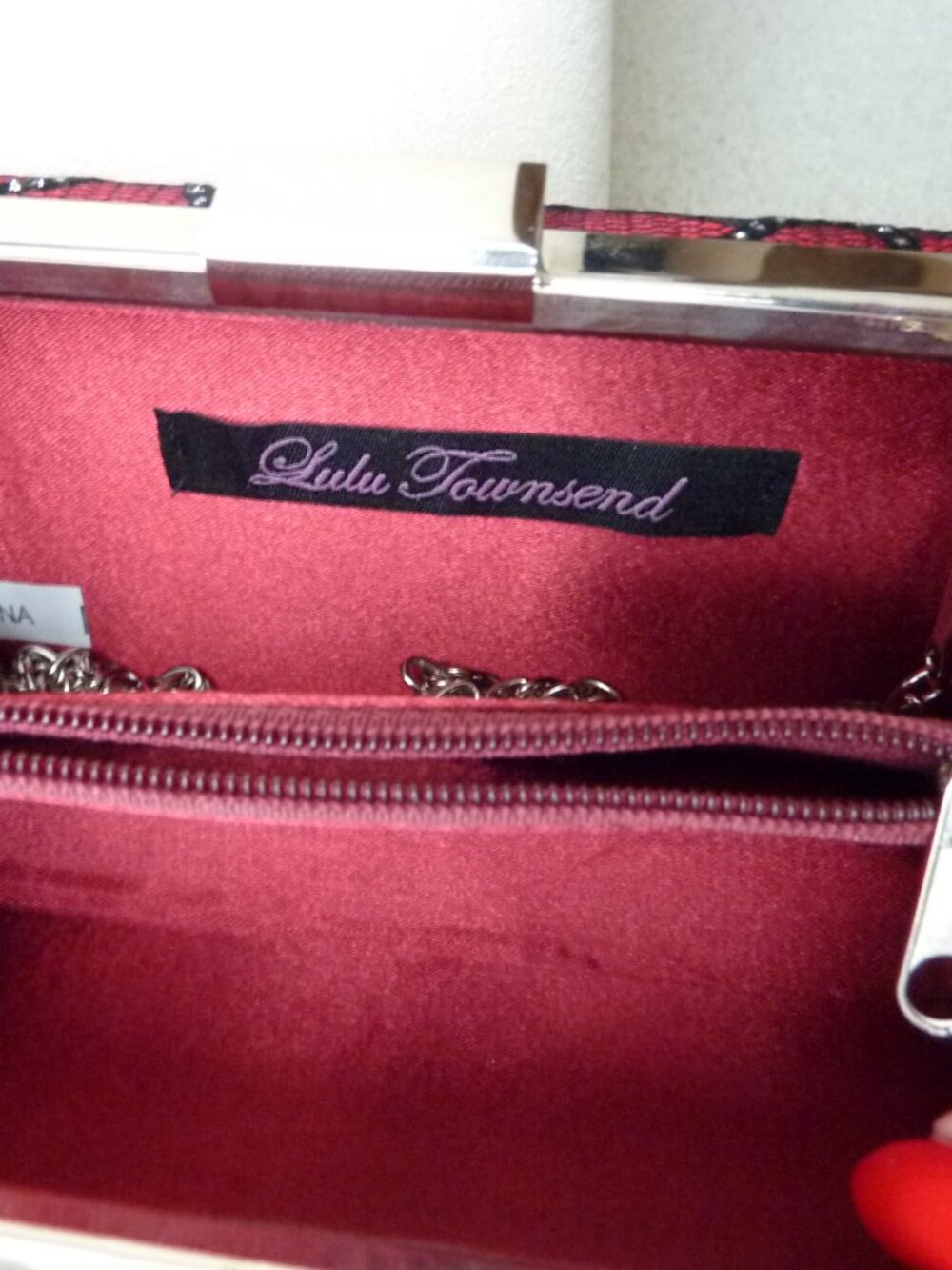 LULU TOWNSEND Red Satin Black Lace Hard Case handbag purse clutch Silver Chain - Picture 6 of 15